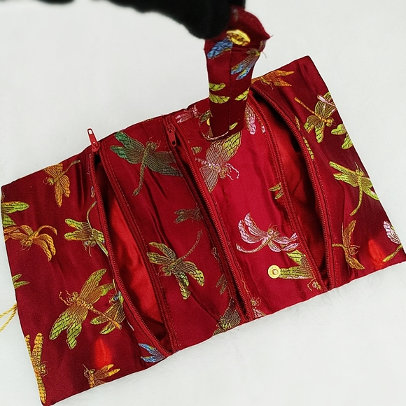 Red Brocade Jewelry Organizer Roll Bag Travel Jewel Pouch Woven Dragonfly Large - Picture 6 of 11
